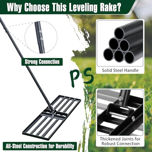 Jardineer 45 Inch Heavy Duty Lawn Leveling Rake, 72 Inch Long Handle Yard Leveler for Grass Soil, Ground Dirt Leveler Tool for Lawn, Garden, Golf Course Maintenance - style: 45inch Lawn Leveling Rake with 72 Inches Long Handle