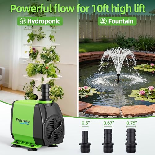FREESEA Small Pond Pump with Hose: 45w 800gph Adjustable Flow Circulate 500-1200 Gal Water 1-2 Times in 1.5 Hour - 3 Year Durable Operation Keep Pond Clean for Koi health - size: 45W/800GPH