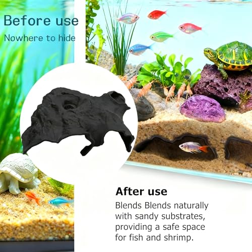 Aquarium Cave Tunnel 3D Printed - Fish Tank Decoration Natural Fish Hideout for Pleco, Shrimp & Corydoras | Sinking Base & Viewing Ports | Substrate-Friendly Decor (6.7" Under Gravel Design) - color: Black
