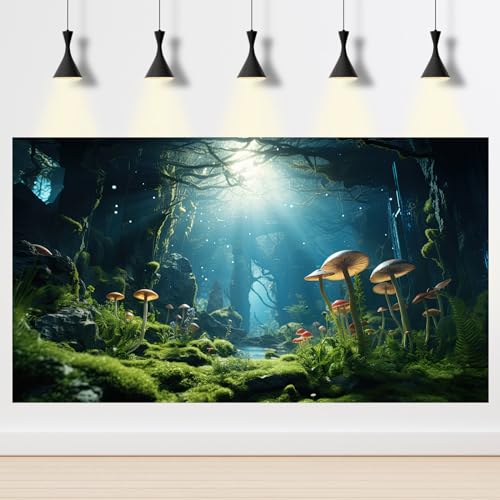 Forest Mushroom Aquarium Background Underwater Stream Fish Tank Background Tropical Jungle Style Mushrooms with Lush Moss Reptile Tank Backgrounds Rainforest Reptile Enclosure Backgrounds 24x12in - color: Moss Green, size: 24(W)x12(H)inches/ 60(W)*30cm(H)