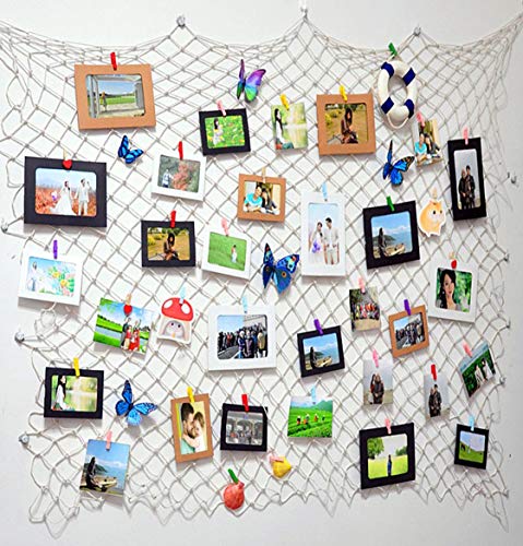 White Fishing Net with White 40 Paper Photos Frames Wall Decorations Fits 6x4 inch, for School Home Party Display Memories, Hanging on walls Collage Ornaments Pictures Display with Clips Set