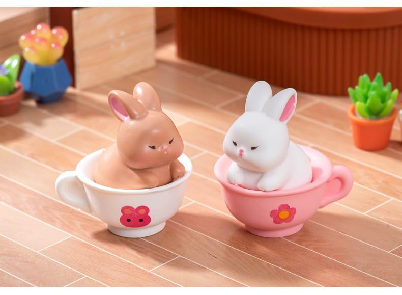 6PCS Brown Rabbit/Porcelain Cup Resin Figurines – Creative DIY Miniature Animal Ornaments for Micro Landscape, Fish Tank Aquarium Decor, Fairy Garden, Moss Decoration, Desktop Display, Car Accessories