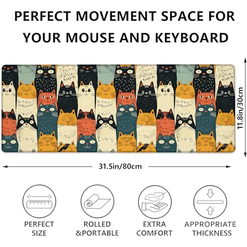 Cute Cat Gaming Mouse Pad, Adorable Retro Cartoon Cats Large Desk Mat for Computer, Extended Kitten Keyboard Laptop Mouse Pads 31.5×11.8in, Non Slip Rubber Mousepad for Office Decor Gifts - color: Cat27