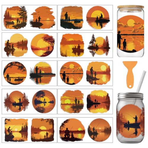 arricraft 10 Sheets Outdoor Fishing UV DTF Cup Wrap for 16OZ Glass, Sunset Views by The Lake Rub on Decals PVC Transfer Stickers for DIY Cups Wood Funiture 24x11cm/9.4x4.3inch - style: Outdoor Fishing Theme