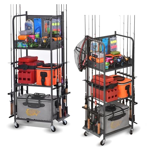 Heavy Duty Fishing Rod Rack, Fishing Organizer for Garage, Fishing Gear Holder for Garage with Movable Wheels - size: 10 Rods & Pegboard