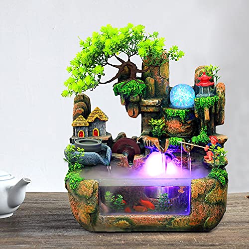 Tabletop Waterfall Fountain with Rockery, Mini Silent Indoor Ornament Desk Water Fountain Desktop Simulation Resin with Atomizer LED Small Fish Tank for Office Bedroom Home Decor Fisherman - color: Style 1