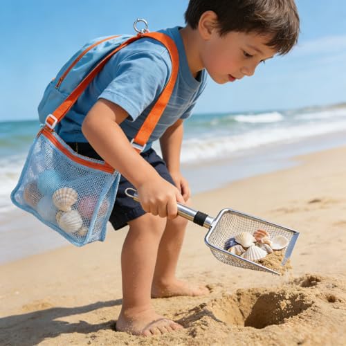 Beach Mesh Shovel & Sifter with Bag - Stainless Steel Sand Filter Scooper for Shark Tooth, Shell & Fossil Hunting, Beachcombing Tool with Mesh Collection Bag