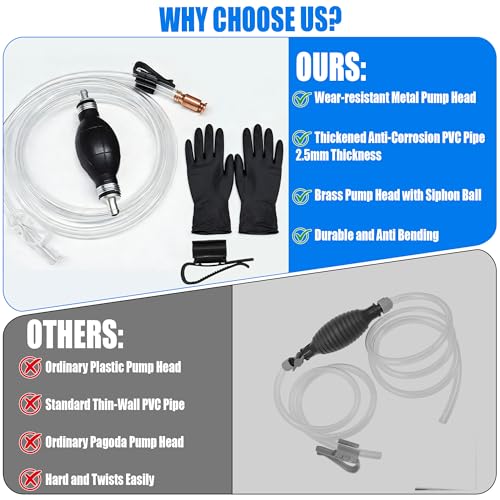 Fuel Transfer Pump, Gas Siphon Pump for Gasoline, Manual Hand Gasoline Transfer Pump for Fuel, Oil, Diesel, Water, Liquid, Fluid with 10 Ft PVC Siphon Hose, Brass, Pinch Clips and Gloves（15mm）