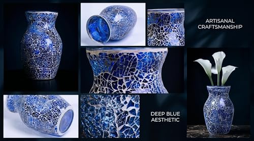8" Deep Blue Mosaic Vase, Klein Blue Glass Flower Vase with Silver Wave Crest Design, Hand-Pasted Ocean Art Centerpiece for Modern Home, Living Room & Office - color: Klein Blue