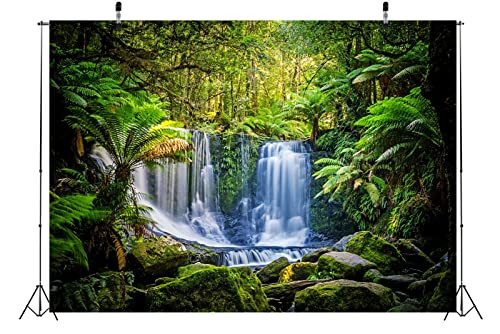 BELECO 7x5ft Fabric Jungel Forest Waterfall Photography Backdrop Tropical Rainforest Cascade Green Trees Landscape Background Walking Travel Outdoor Camping Activity Photo Shoot Studio Props - size: 7x5FT