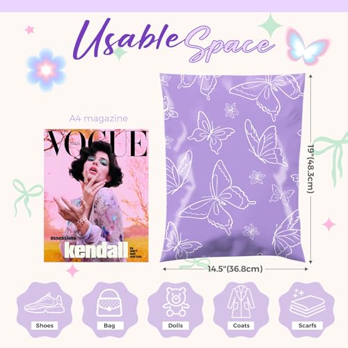 Metronic Poly Mailers 14.5x19 Inch 50pc Shipping Bags for Clothes,Self Adhesive Shipping Envelopes for Small Business,Waterproof Mailers Poly Bags for Shipping,Packaging Mailing Bags Purple Butterfly - color: Purple Butterfly, size: 14.5x19 50pc