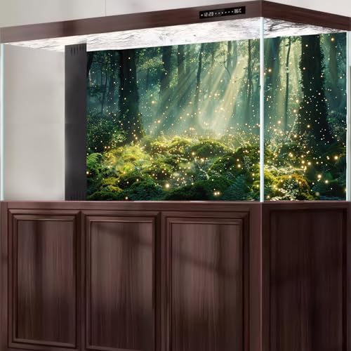 Magical Forest Scene Aquarium Background Glowing Fireflies Sunbeams Enchanted Forest Fish Tank Background Stunning Woodlands Terrarium Backgrounds Magic Rainforest Reptile Tank Backgrounds 48x18in - color: Foggy Green, size: 48(W)x18(H)in