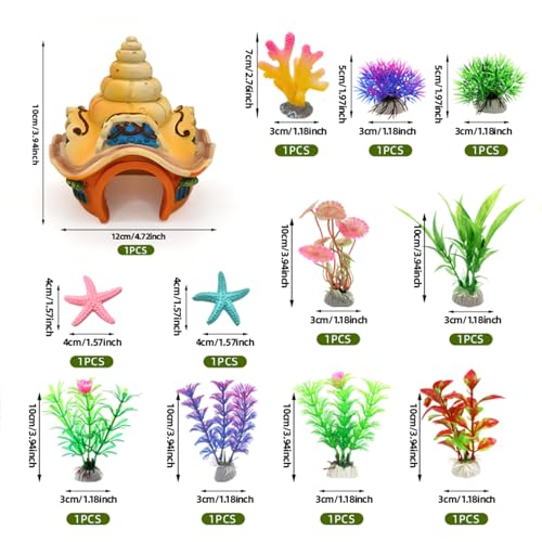 Fish Tank Decorations kit, Aquarium Decor Sea Shell House x 1pc, Fish Tank Accessories Aquatic Plants x 8pcs, Starfish x 2pcs, Coral x 1pcs.