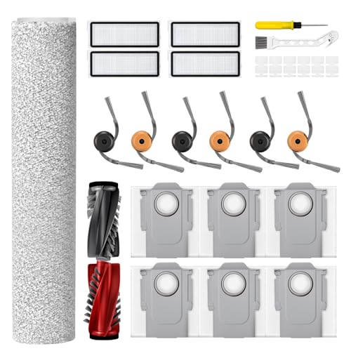 27 Pcs Qrevo Curv 2 Replacement Accessories Compatible with Qrevo Curv 2 Flow Robot Vacuum, 1 Set Mainbrush, 1 Roller Mop, 6 Scent Tablets, 4 HEPA Filters, 6 Dust Bags, 6 Side Brushes - size: for QV Curv 2