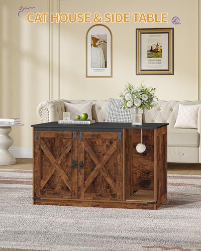 Hzuaneri Cat Litter Box Enclosure, Hidden Litter Box Cabinet Furniture with Bell, Indoor Cats House, Farmhouse Style, 39.4 x 21.7X 24.8 Inches for Hallway, Bedroom, Rustic and Black CB85201X - color: Rustic Brown and Black, size: 39.4"L x 21.7"W x 24.8"H