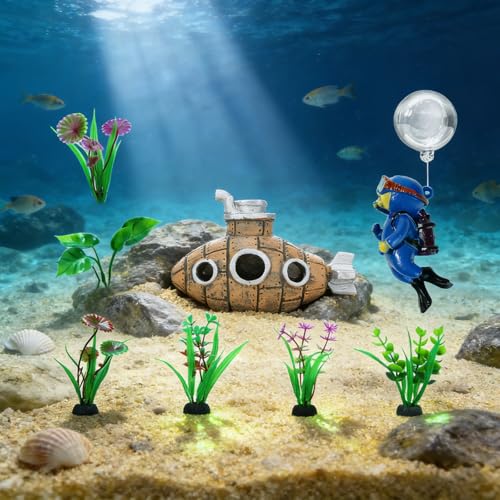 Fish Aquarium Accessories Kit, Betta Fish Hideout Cave, Fish Castle | Resin Sunken Submarine with 6 Artificial Aquatic Plants, 40+ Seashells, 1 Floating Dive - Fish Tank for Freshwater Saltwater - color: Submarine