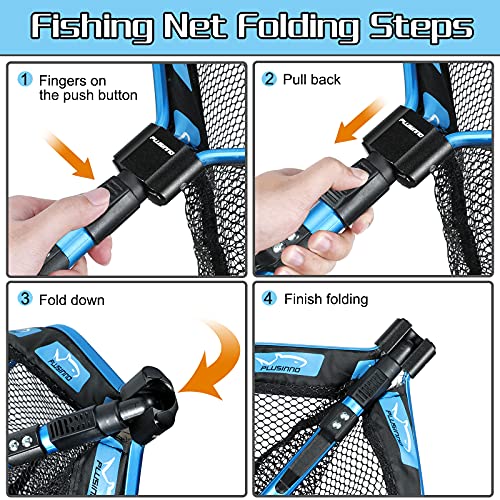 PLUSINNO Floating Fishing Net for Steelhead, Salmon, Fly, Kayak, Catfish, Bass, Trout Fishing, Rubber Coated Foldable Landing Net with Fixed or Telescoping Pole Handle, Fishing Gear and Gifts for Men - color: 11.8"/30cm Hoop Size 1.0M Blue Pole (Telescopi