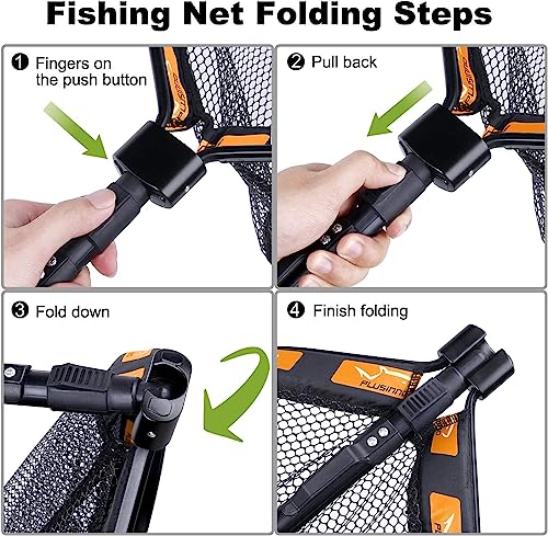 PLUSINNO Floating Fishing Net for Steelhead, Salmon, Fly, Kayak, Catfish, Bass, Trout Fishing, Rubber Coated Foldable Landing Net with Fixed or Telescoping Pole Handle, Fishing Gear and Gifts for Men - color: 2 Pack - 0.8M Orange