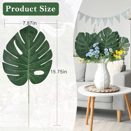 48 Pcs Artificial Monstera Leaves, 16" Faux Tropical Monstera Stems, Lifelike Fake Greenery for Wedding Decor, Jungle Party, Home Staging, Vase Fillers, No Maintenance