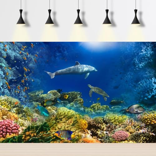 Underwater World Aquarium Background Turtle Shark Tropical Fish Tank Background Under The Sea Colorful Coral Reef Aquarium Backgrounds Deep Blue Sea Sunbeams Tank Backgrounds Poster 24x12in - color: Coral Brown, size: 24(W)x12(H)in