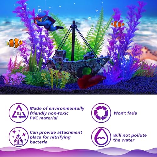 Fish Tank Decor Set with Shipwreck Decoration, Little Diver Floating & 13 Aquatic Artificial Plants - Betta Plants & Hiding Spots for Aquariums and Small Fish Tank Accessories