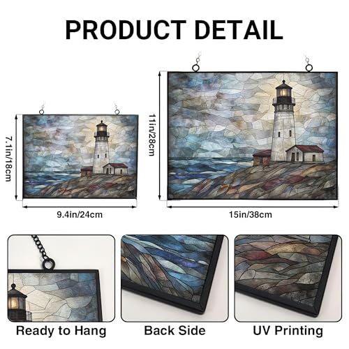 Customized Rectangle Vintage Lighthouse Shore Stained Glass Window Hanging, Suncatcher for Women, Stained Glass Window Decor Perfect Home Décor - color: Vintage Lighthouse Shore 3, size: 15x11 IN