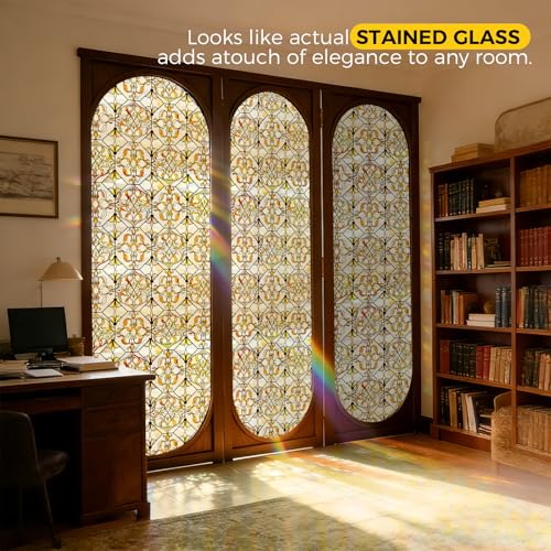 OHTMERU 3D Stained Glass Window Privacy Film, Heat Control UV Blocking Static Cling Decorative Window Film for Bathroom,Front Door,Home Non Adhesive 16.9 x 39.3 inches Golden Filigree - color: Golden Filigree, size: 16.9 x 39.3 inches