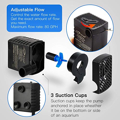 Simple Deluxe 80 GPH 3.6W Submersible Pump with Adjustable Intake & 6' Waterproof Cord for Fish Tank, Hydroponics, Fountains, Ponds, Statuary, Aquariums, Black - size: 80 GPH (Adjustable Intake)