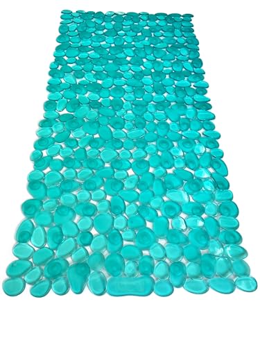“Pebbles” Non-Slip Bathtub/Shower Mat 27.5”x14” Rectangular, Non-Toxic, Safe, Clean, Machine-Washable, Superior Grip & Drainage, Vinyl, for Smooth Floors ONLY, Transparent Turquoise - color: Transparent Turquoise (Green-blue), size: 27.5" x 14" (Rectangul