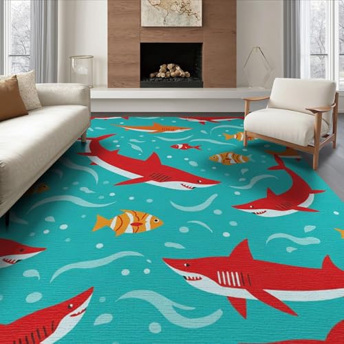 6'x9' Washable Contemporary Fish Area Rug, Orange Non-Shedding Pet Friendly Room Rug Foldable Easy Care Carpet for Queen Size Bedroom, Under Bed, Master Suite | Ref:2070035 - color: Blue/Pattern 12, size: 6' x 9' (Rectangular)
