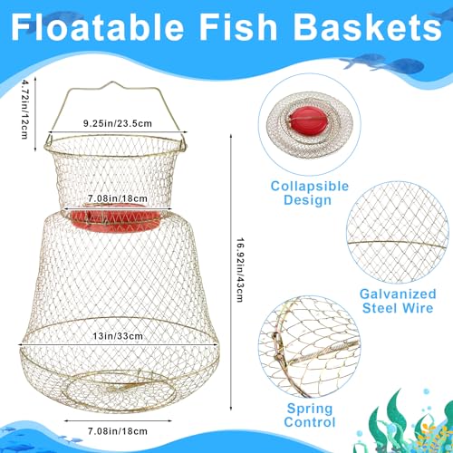 2 Pcs Steel Wire Fish Basket and Fishing Landing Net with Extension Aluminum Telescoping Pole Includes 1 Portable Fishing Net with Handle 1 Collapsible Wire Fishing Basket for Women Men