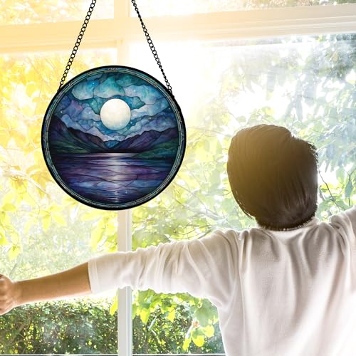 DASTOLL Stained Glass Window Hanging, Blue Night Moon Lake Sun Catchers Colorful Glass Panel Landscape Suncatcher Decor for Birthday for Women, Men, Wife, Aunt, and Mom 9.8 in - color: Blue and White, size: 9.8x9.8 IN