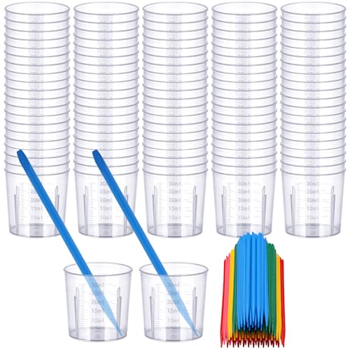Gartful Resin Measuring Cups and Sticks, 200PCS Disposable Mixing Cups Set - 100PCS 30ml Graduated Measuring Cups and 100PCS Pointed Stir Sticks for Epoxy Resin, Glue, Paint Pouring - color: Clear cups+point stick, size: 30ml