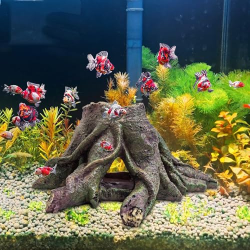 PINVNBY Resin Aquarium Tree Hollow Stump Decor - Fish Tank Ornament, Pleco Cave Hideout for Small Betta, Cichlid, Shrimp, Guppy & GloFish