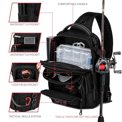 Fishing Sling Bag, Fishing Bag With Rod Holder Fixed Stickers, MOLLE System, Soft Bait & Gear Storage, Gift for Men Black - color: Black