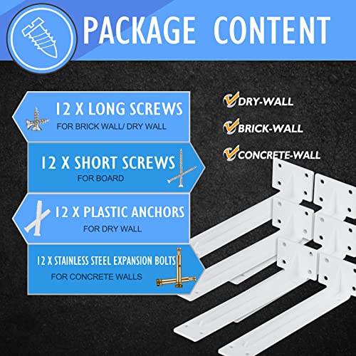 CLT Shelf Bracket( White) , 8” Quarter Inch (1/5") Thick- Max Load: 220 lb Rustic Industrial Modern Farmhouse Heavy Duty Corner Brace Joint Right Angle Bracket for DIY Table Bench, Pack of 6 - size: 8 inches, style: White S Gusset