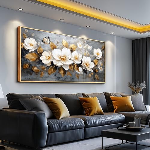FUHAIHUA Large Wood Framed Wall Decor For Living Room Canvas Wall Art For Office Modern Wall Decorations For Bedroom White Flower Painting Farmhouse Pictures Artwork Room Home Decor 24x48 In - color: White Flower Wood Framed, size: 48"L x 24"W