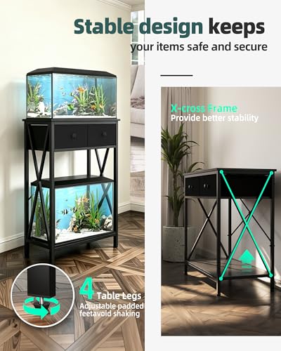 Fish Tank Stand for 5-10 Gallon Fish Tank: Aquarium Stand with Accessories - Metal 10 Gallon Tank Stand with Cabinet Drawer Storage for Turtle Tank, Reptile Terrarium (Black, 220LBS Capacity)