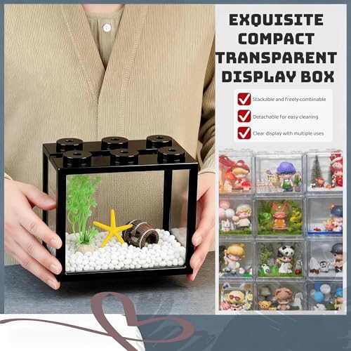 Small Betta Fish Tank, Stackable Mini Fish Tank Tiny Aquarium Kit with Aquarium Gravel & Resin Decorations, 0.6 Gallon Cube Desktop Fishbowl for Snails, Crabs, Starfish (Black) - color: Black