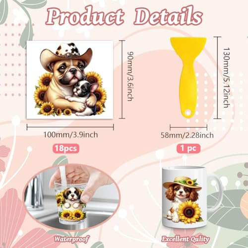 Peacoblue 18 Sheets Rub on Transfers for Crafts, Sunflowers and Puppy 3.6"x3.9" UV DTF Cup Wraps Waterproof Cold Transfers Stickers for Wood Glass Metal Cup Tumblers Mirrors Mugs Home Decor - style: Sunflowers and Puppy