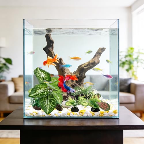 5 Pack Green Aquarium Plants Decor with Driftwood, Artificial Silk Plants Set for Betta Fish Tank, Plastic Plants for Aquarium Decorations - color: Green D