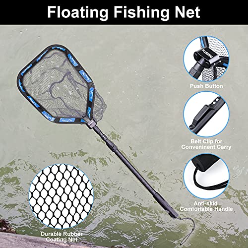 PLUSINNO Floating Fishing Net for Steelhead, Salmon, Fly, Kayak, Catfish, Bass, Trout Fishing, Rubber Coated Foldable Landing Net with Fixed or Telescoping Pole Handle, Fishing Gear and Gifts for Men - color: 19.7"/50cm Hoop Size length 1.35M Blue (Telesc