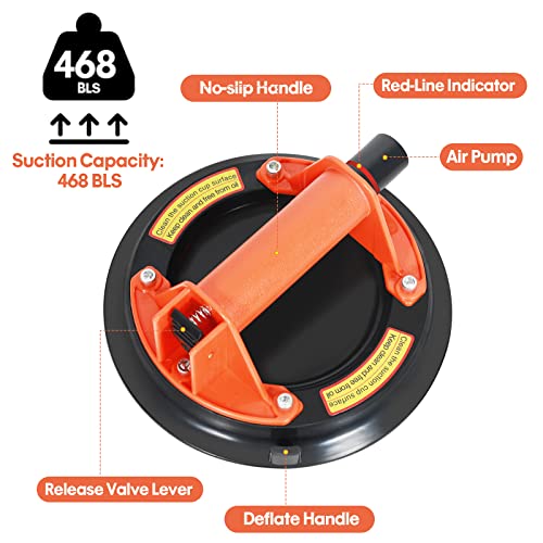 Glass Suction Cups to Lift Large Glass/Granite/Tile/Window 8.2 Inches, 468 Pounds Load Capacity, Vacuum Suction Cup Industrial Grade Heavy Duty Lifter for Moving Object, Orange, Carrying Case, 2 Pack