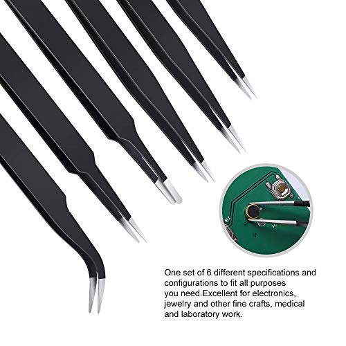6PCS Precision Tweezers Set, Upgraded Anti-Static Stainless Steel Curved of Tweezers, for Electronics, Laboratory Work, Jewelry-Making, Craft, Soldering, etc, by kaverme. - style: 6pcs