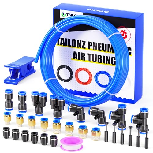 TAILONZ PNEUMATIC Blue 4MM or 5/32 Inch OD 10 Meter 32.8ft PU Polyurethane Air Tubing Kit Pipe Hose Air Line Tubing Air Hose Fittings Push to Connect Fittings(29PCS) - color: Blue, size: 5/32" OD - 32.8 FT