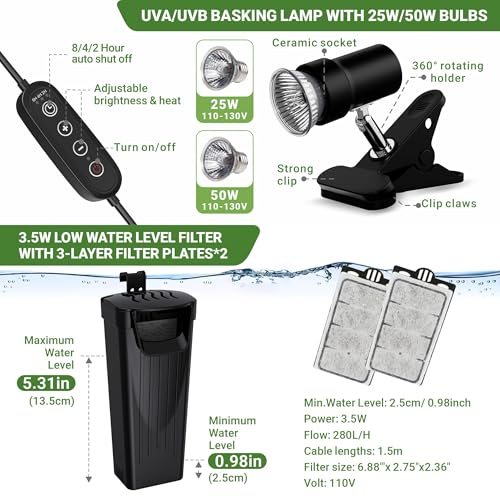 GOZILLA Aquatic Turtle Tank Kit+Lamp+Filter, Upgrade PC Turtle Tank Starter Kit with Adjustable Lamp & Filter,Reptile Habitat with Lid,Hanging Platform for Small Reptiles.(15.75×7.9×9''/Black Kit) - color: Medium-Black-KIT