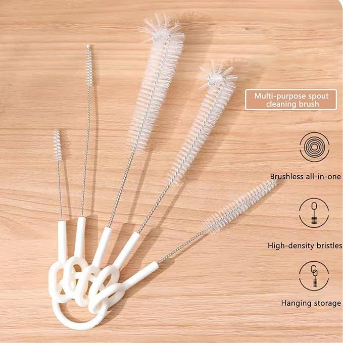 5-Pack Straw & Bottle Cleaning Brushes, Long Handle Nylon Brush Set for Water Bottles, Tumblers, Sippy Cups & Drinking Tubes