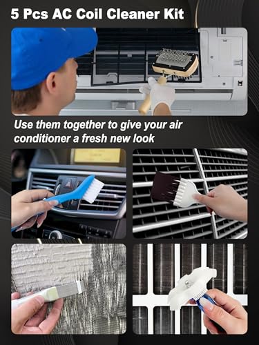 5 Pcs AC Coil Cleaner Set, Plastic Air Conditioner Fin Comb, Stainless Fin Straightener, Dual-Sided Cleaning Brush Kit for No Rinse Evaporator/Condenser Cleaner and All A/C Units