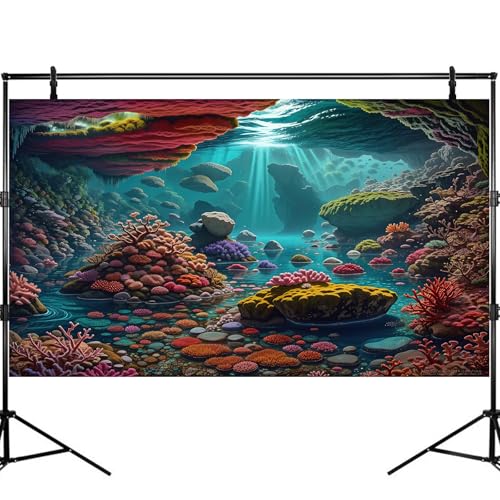 Under The Sea Aquarium Background Underwater Scene Tropical Corals Fish Tank Background Deep Ocean Sea Colourful Reefs Cave Sunray Aquarium Tank Backgrounds Ocean Seabed Life Backgrounds 24x12in - color: Red_Brown, size: 24(W)x12(H)inches/ 60(W)*30cm(H)