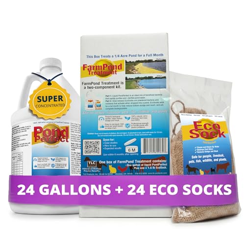 TLC Farm Pond Treatment – PondPerfect Liquid & EcoSock Dual System, Pond Bacteria for Larger Outdoor Ponds – 1 Box Treats Up to 1/4 Acre – 24 Gallon + 24 EcoSock - size: 24 Gallons + 24 EcoSocks